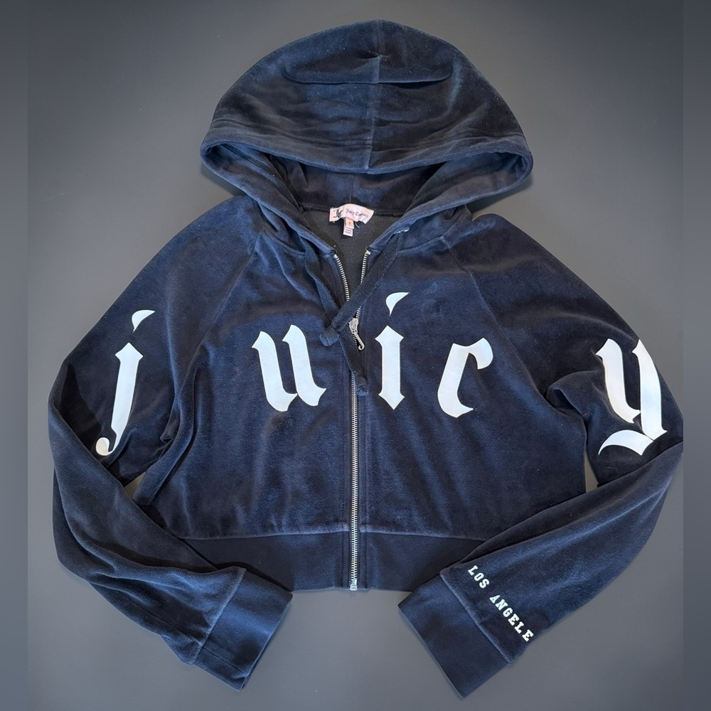 Juicy Couture x Urban Outfitters Black Velour Cropped Hoodie Gothic Print Zip Up - Picture 1 of 14